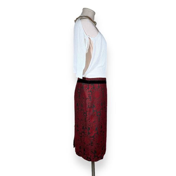 TALBOTS Brocade Pattern Velvet Floral Straight Pencil Skirt Black Red Size 8 29 - Picture 2 of 10